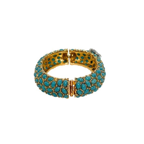 Kenneth Jay Lane Gold Blue Cabochon And Rhinestone Hinged Bangle Bracelet (6226 - Picture 3 of 4